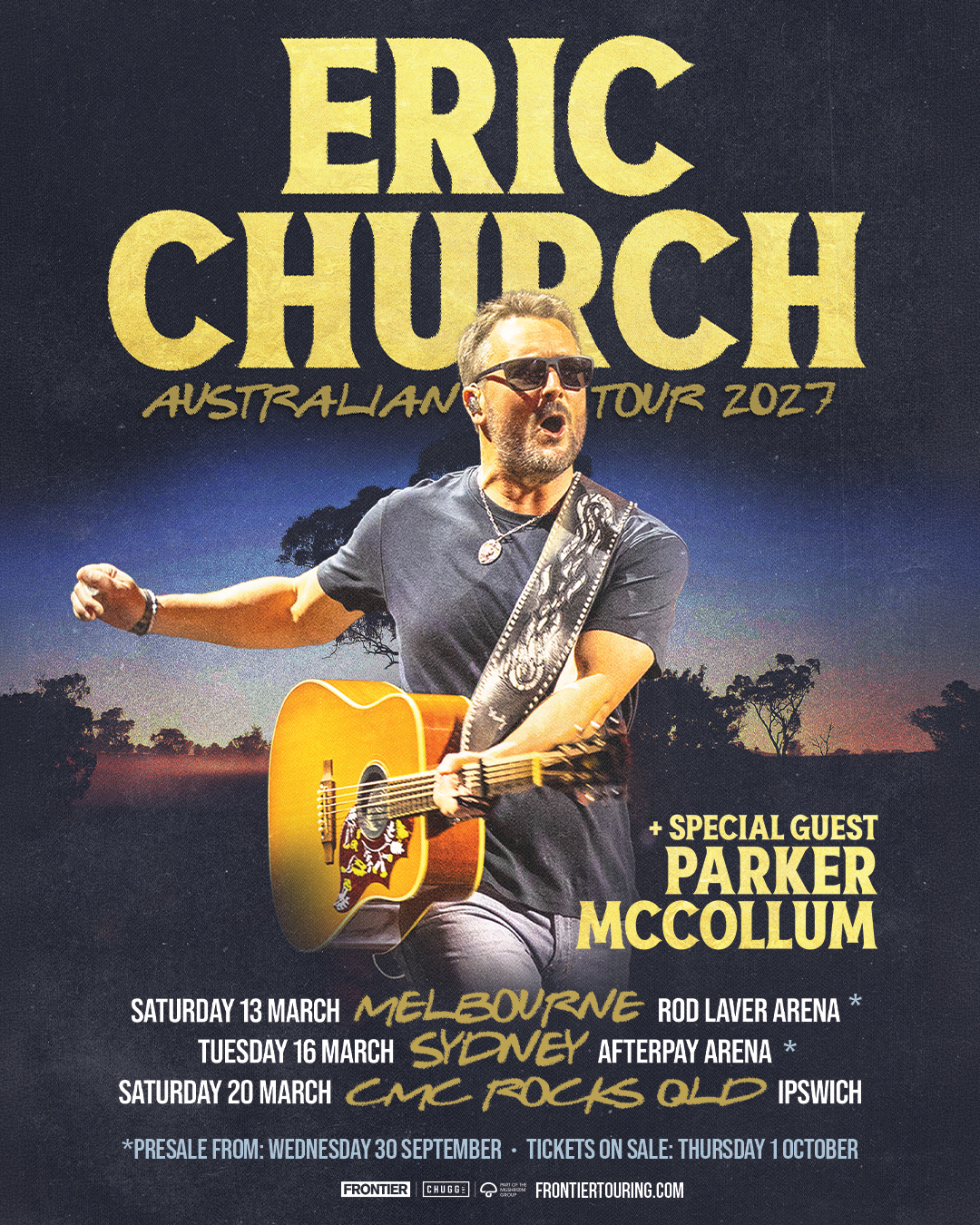 Eric Church Australian Tour 2027 poster featuring special guest Parker McCollum, listing concert dates in Melbourne, Sydney, and Ipswich.
